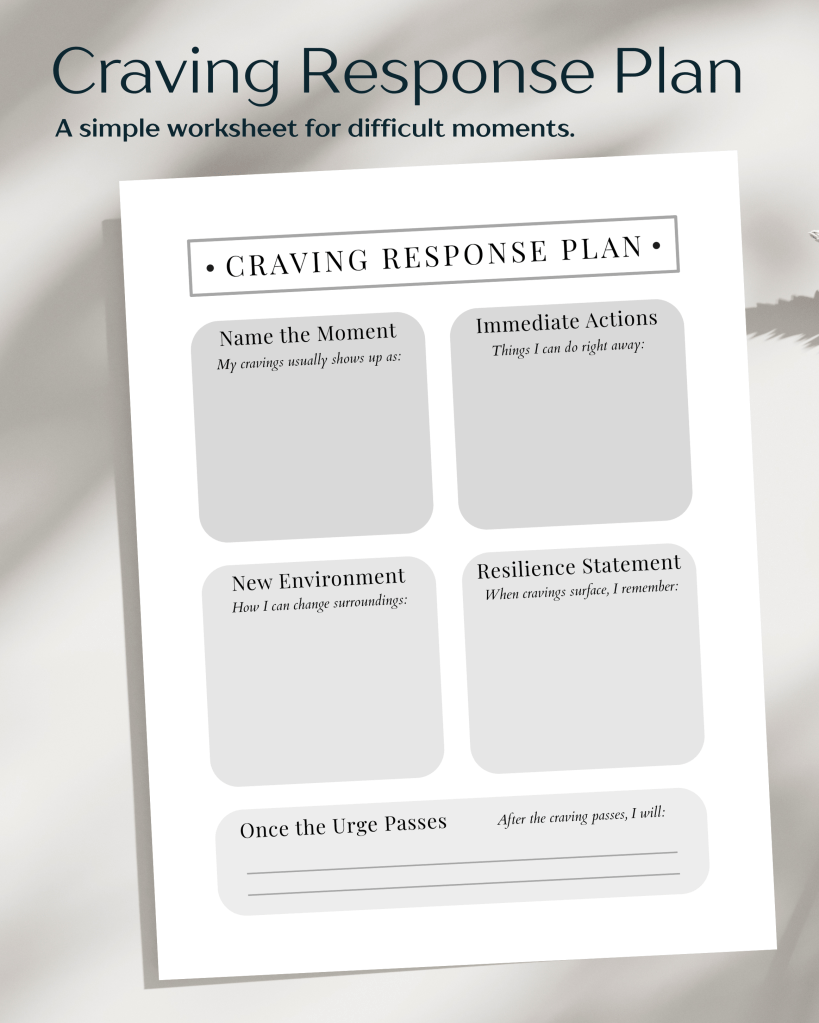 Mockup image of a printable Craving Response Plan worksheet designed for sobriety and relapse prevention, featuring sections for identifying triggers, immediate actions, changing environments, resilience statements, and post-craving reflection.