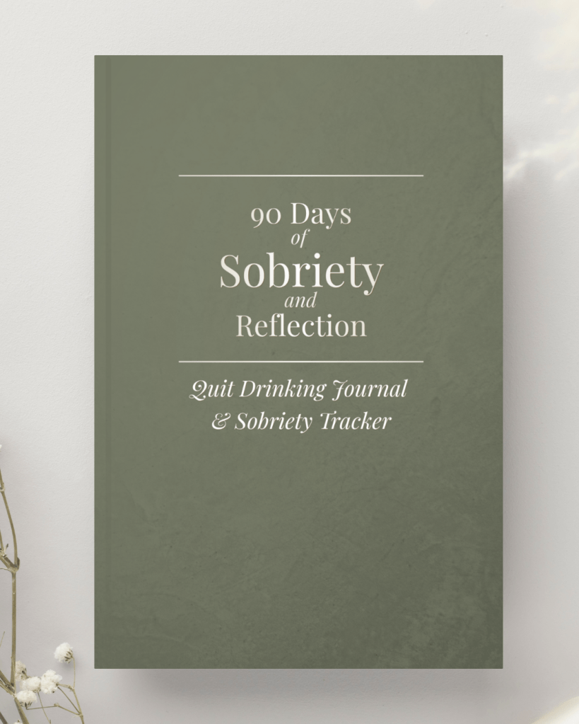 showing cover of the journal "90 Days of Sobriety and Reflection: Quit Drinking Journal & Sobriety Tracker." Journal has a neutral sage green background and is shown on a minimal gray background.
