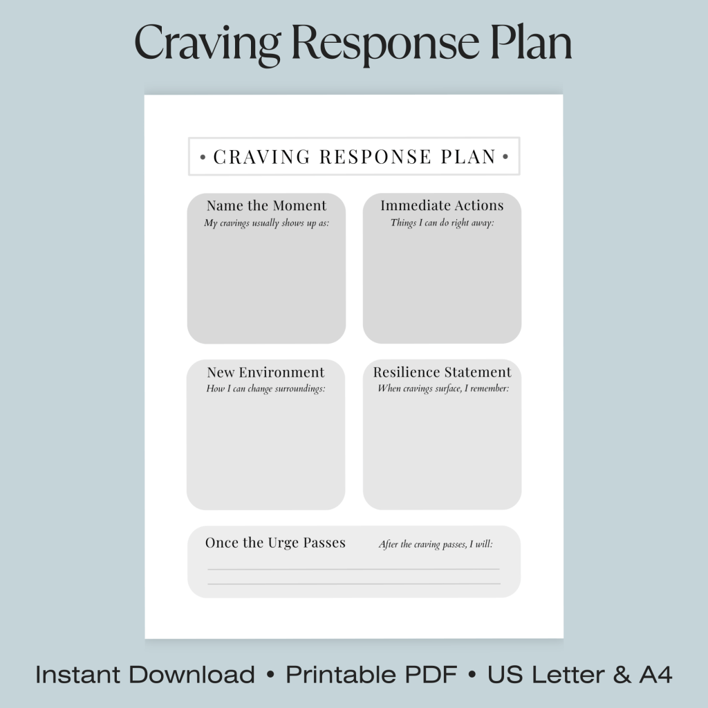 Product image for a printable Craving Response Plan worksheet, showing sections for naming the craving moment, immediate actions, changing the environment, a resilience statement, and what to do after the urge passes.