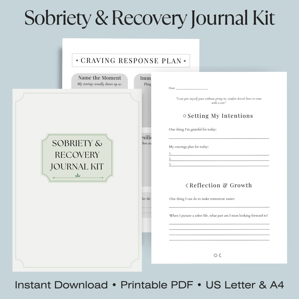 Product image for a printable Sobriety Journal Kit, showing layered worksheet pages including a Craving Response Plan, a sobriety and recovery journal cover, and a daily reflection page.