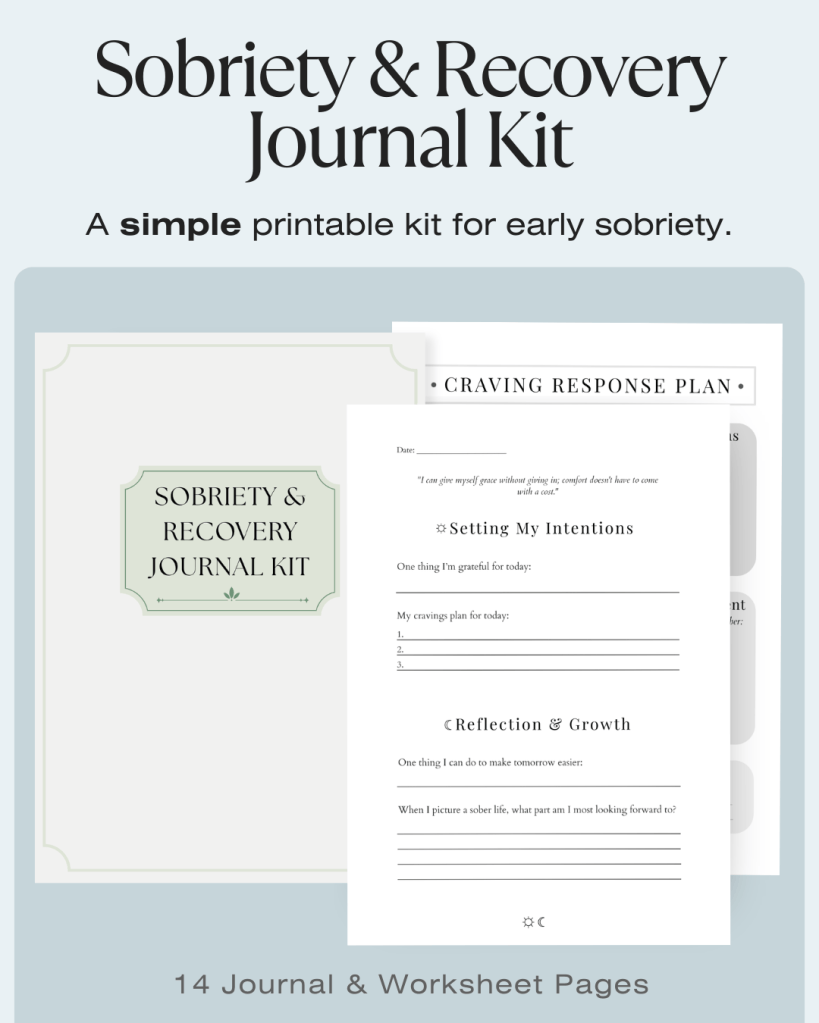 Product image for a Sobriety & Recovery Journal Kit, showing printable journal and worksheet pages including a craving response plan, daily intention page, and reflection prompts.