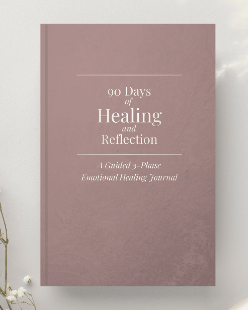 Product image for “90 Days of Healing and Reflection,” a guided 3-phase emotional healing journal with a muted pink cover shown against a soft neutral background.