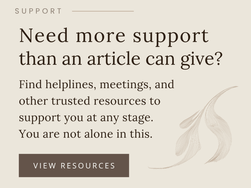 Banner for the Resources page with text reading “Need more support than an article can give?” and a soft leaf illustration, promoting helplines, meetings, and trusted recovery resources.